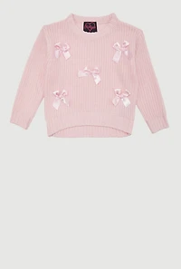 Girls Long Sleeve Pullover Sweater with Cute Bows, Pink, Size 5-6