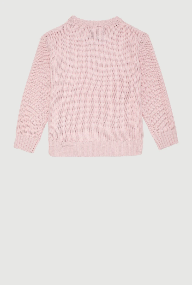 Girls Long Sleeve Pullover Sweater with Cute Bows, Pink, Size 5-6