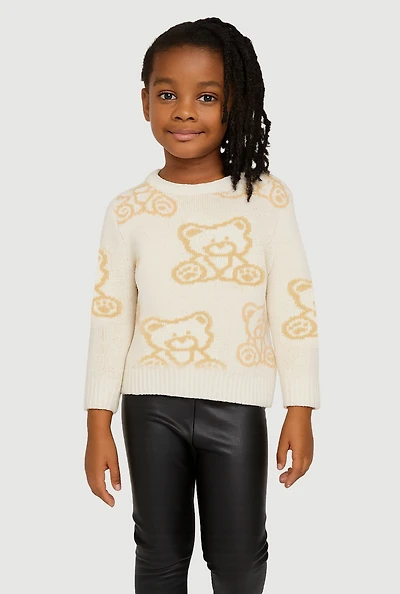 Little Girls Teddy Bear Graphic Print Crew Neck Sweater, Beige, Size 6X