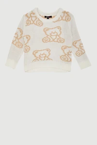 Little Girls Teddy Bear Graphic Print Crew Neck Sweater, Beige, Size 4