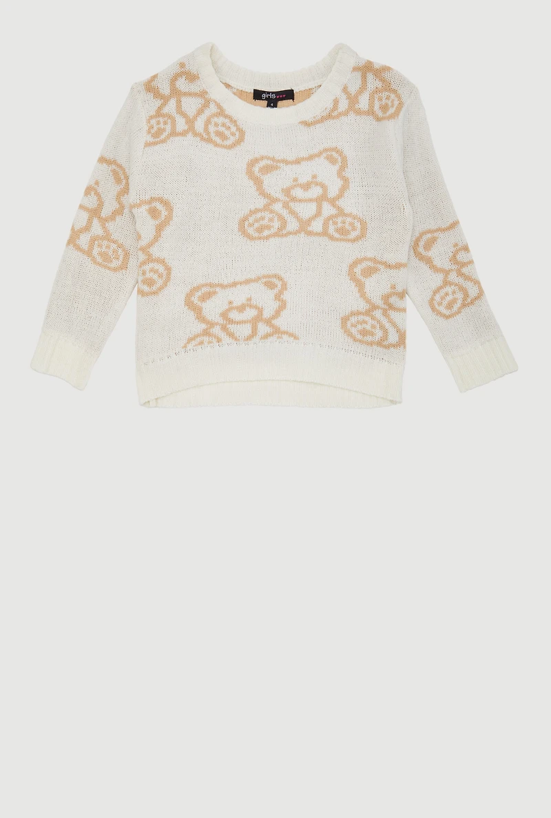 Little Girls Teddy Bear Graphic Print Crew Neck Sweater