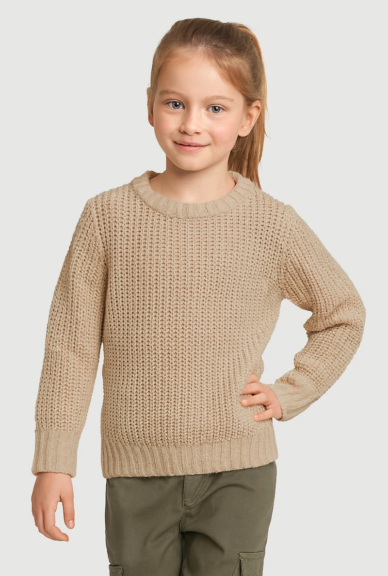 Little Girls Knit Long Sleeve Crew Neck Pullover Sweater, Beige,
