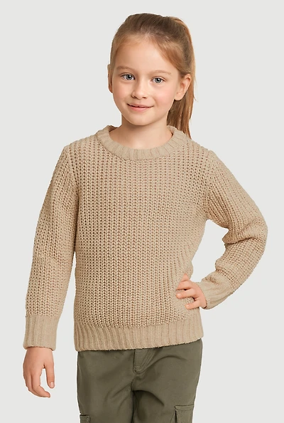 Little Girls Knit Long Sleeve Crew Neck Pullover Sweater, Beige,