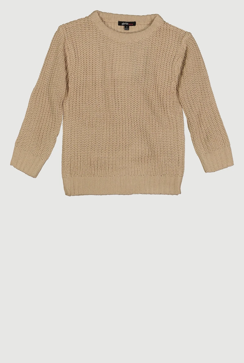 Little Girls Knit Long Sleeve Crew Neck Pullover Sweater, Beige,