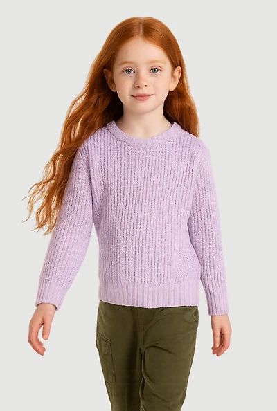 Little Girls Knit Long Sleeve Crew Neck Pullover Sweater, Purple, Size 4