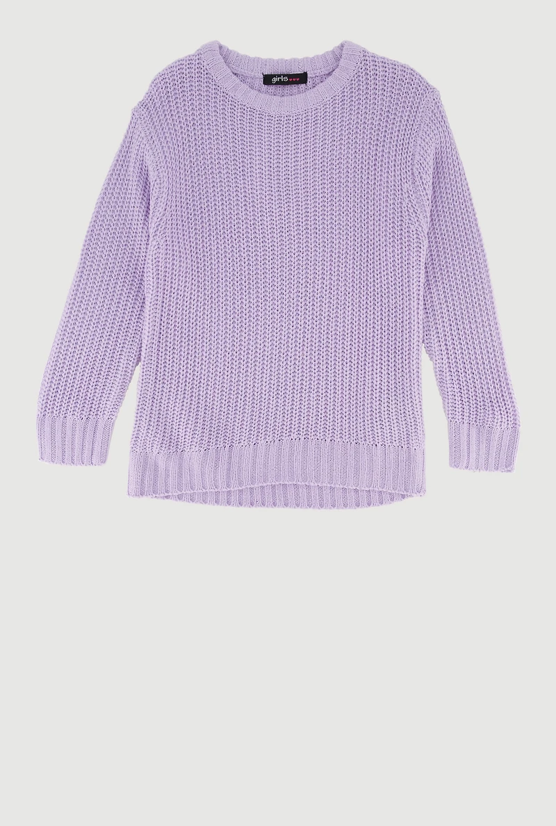 Little Girls Knit Long Sleeve Crew Neck Pullover Sweater, Purple, Size 4