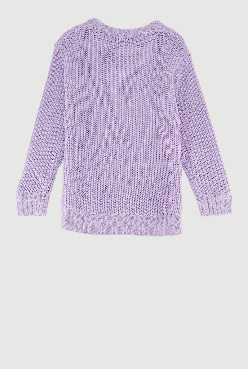 Little Girls Knit Long Sleeve Crew Neck Pullover Sweater, Purple, Size 4