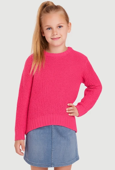 Little Girls Knit Long Sleeve Crew Neck Pullover Sweater, Pink, Size 5-6