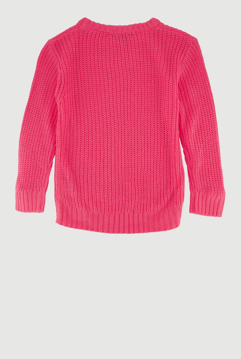 Little Girls Knit Long Sleeve Crew Neck Pullover Sweater, Pink, Size 5-6