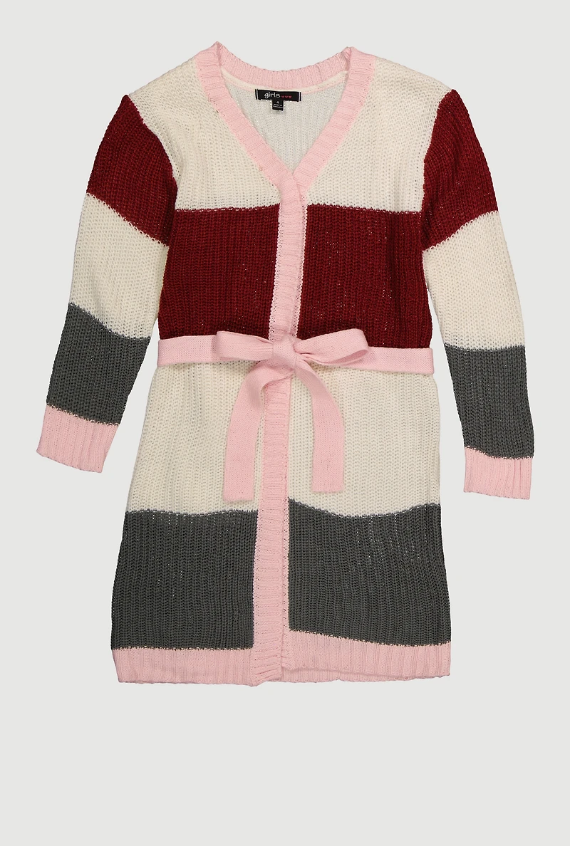 Little Girls Color Block Long Cardigan with Tie Waist Belt, Multi,