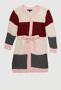 Little Girls Color Block Long Cardigan with Tie Waist Belt, Multi,