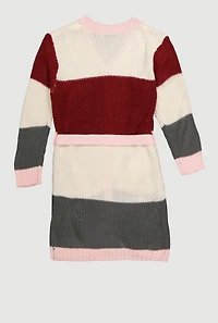 Little Girls Color Block Long Cardigan with Tie Waist Belt, Multi,