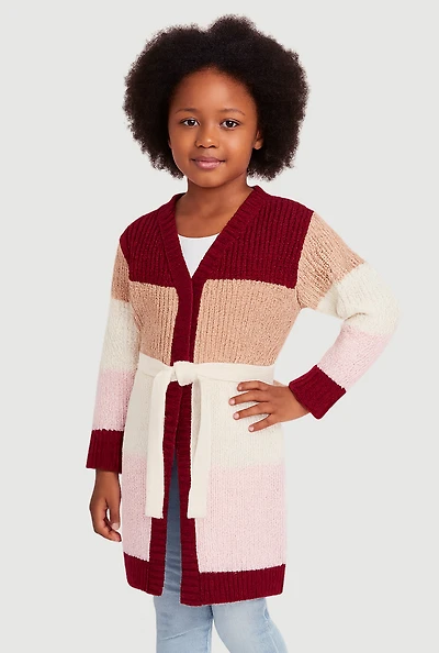 Little Girls Color Block Long Cardigan with Tie Waist Belt