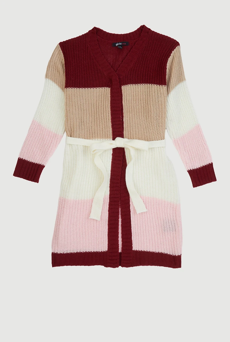 Little Girls Color Block Long Cardigan with Tie Waist Belt, Multi,
