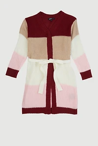 Little Girls Color Block Long Cardigan with Tie Waist Belt, Multi,