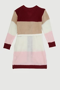 Little Girls Color Block Long Cardigan with Tie Waist Belt, Multi,