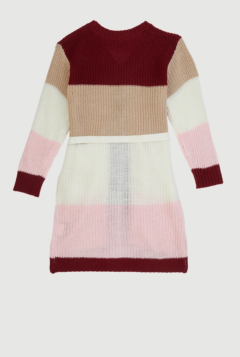 Little Girls Color Block Long Cardigan with Tie Waist Belt