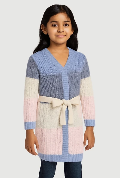 Little Girls Color Block Long Cardigan with Tie Waist Belt, Blue, Size 4
