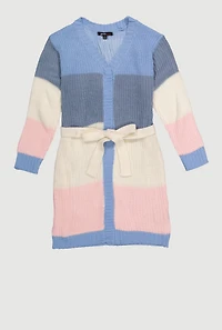 Little Girls Color Block Long Cardigan with Tie Waist Belt, 6X