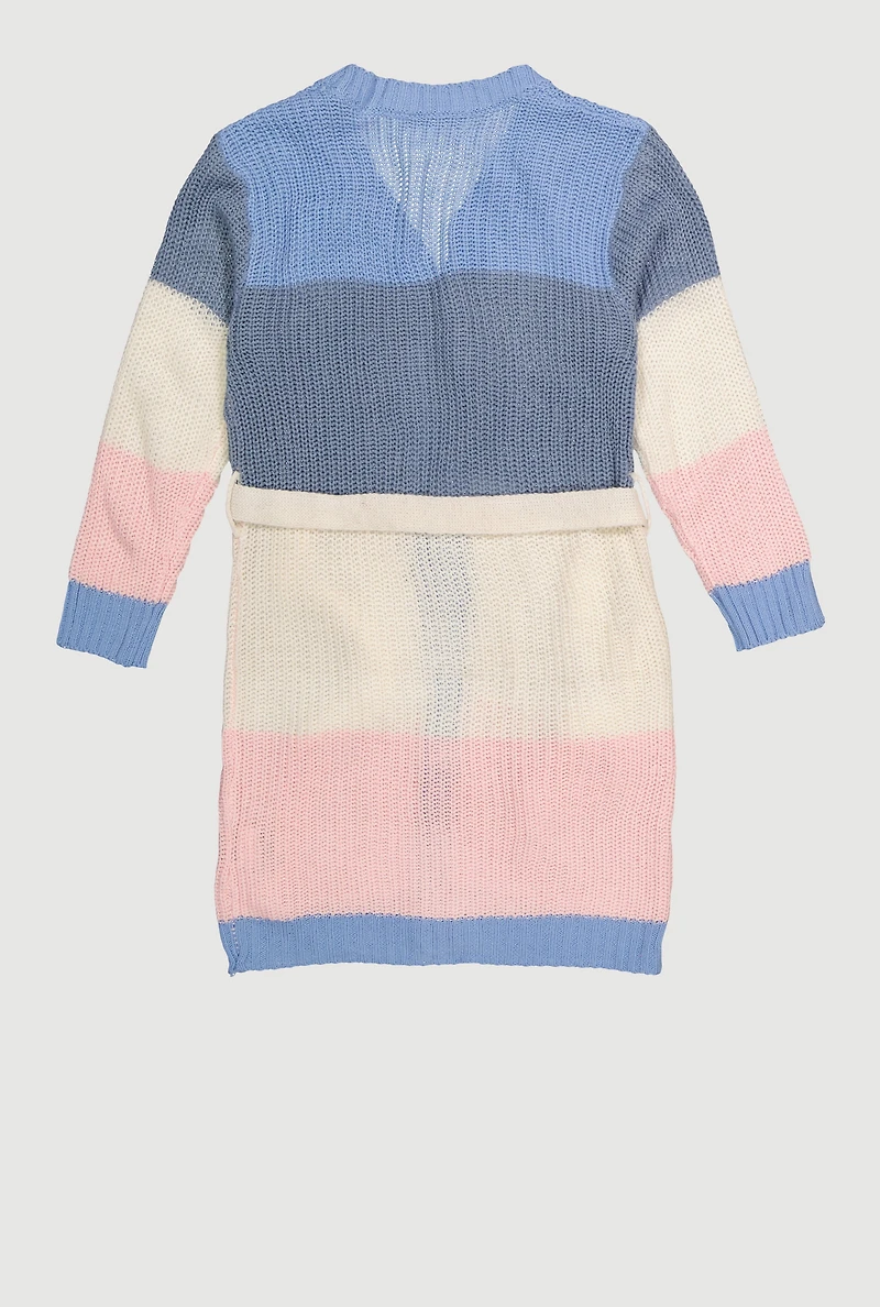 Little Girls Color Block Long Cardigan with Tie Waist Belt, 6X