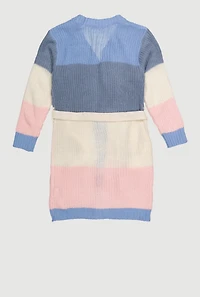 Little Girls Color Block Long Cardigan with Tie Waist Belt, 6X