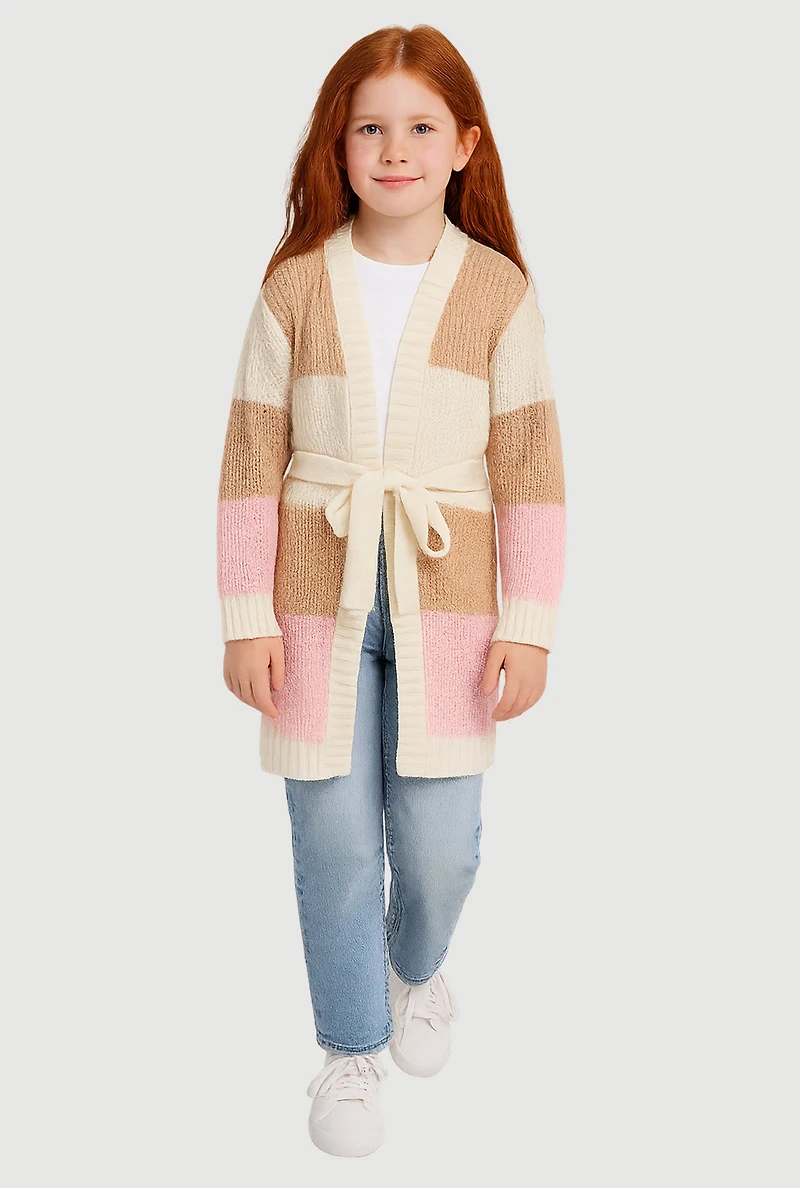Little Girls Color Blocked Tie Waist Belted Long Cardigan, Multi,
