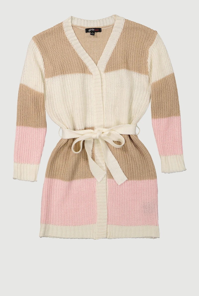 Little Girls Color Blocked Tie Waist Belted Long Cardigan, Multi,