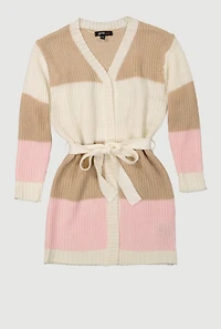 Little Girls Color Blocked Tie Waist Belted Long Cardigan, Multi,