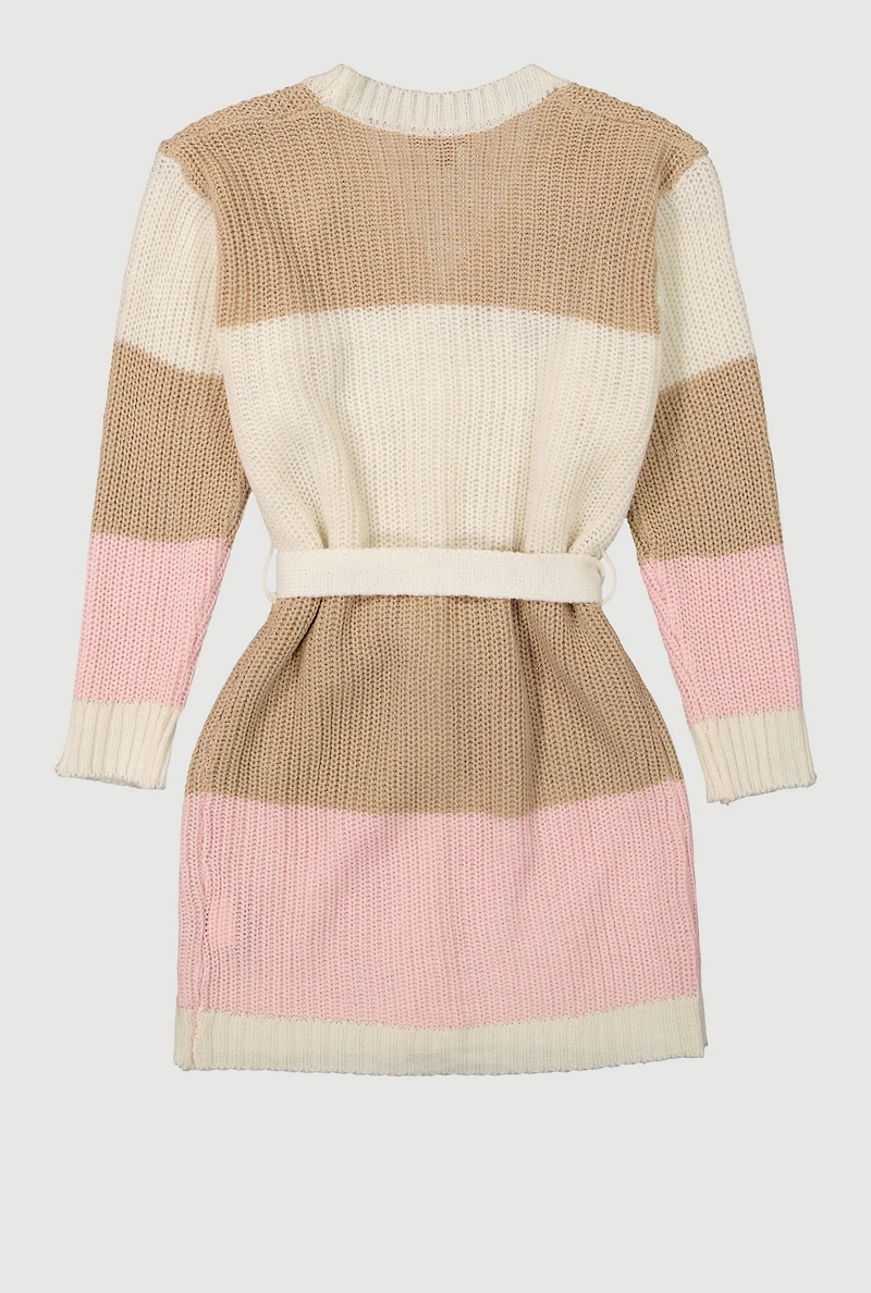 Little Girls Color Blocked Tie Waist Belted Long Cardigan, Multi,