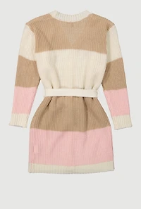 Little Girls Color Blocked Tie Waist Belted Long Cardigan, Multi,