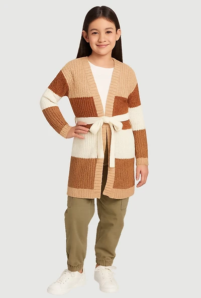Little Girls Color Blocked Tie Waist Belted Long Cardigan, Multi, Size 5-6