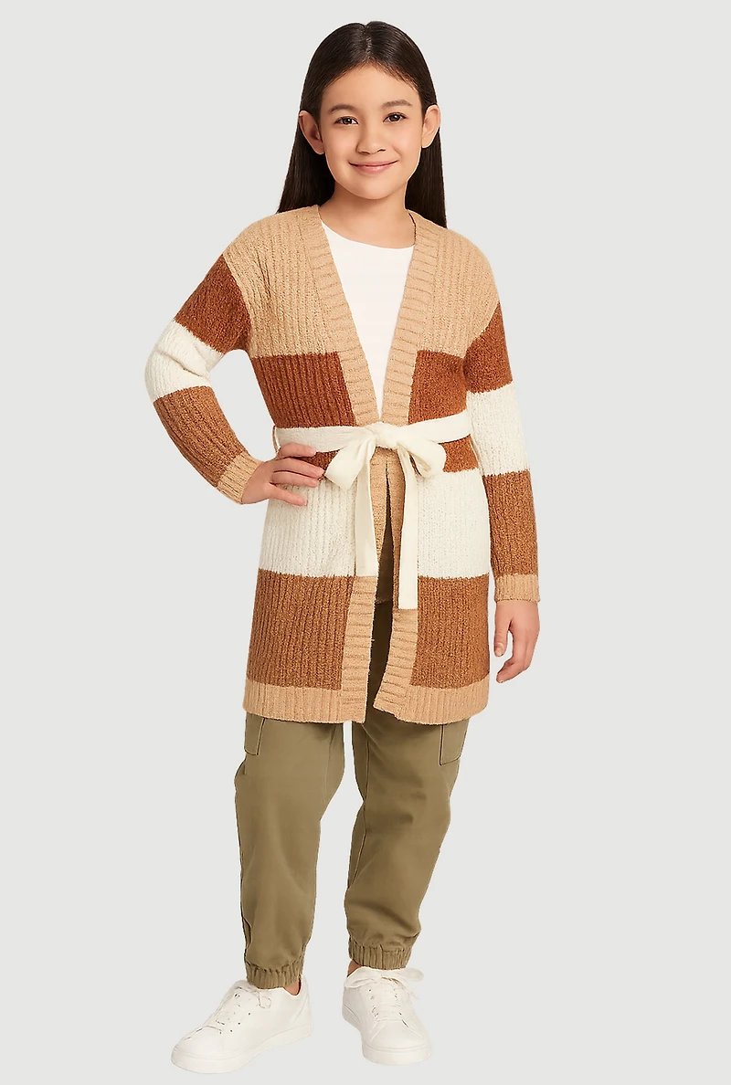 Little Girls Color Blocked Tie Waist Belted Long Cardigan, Multi,