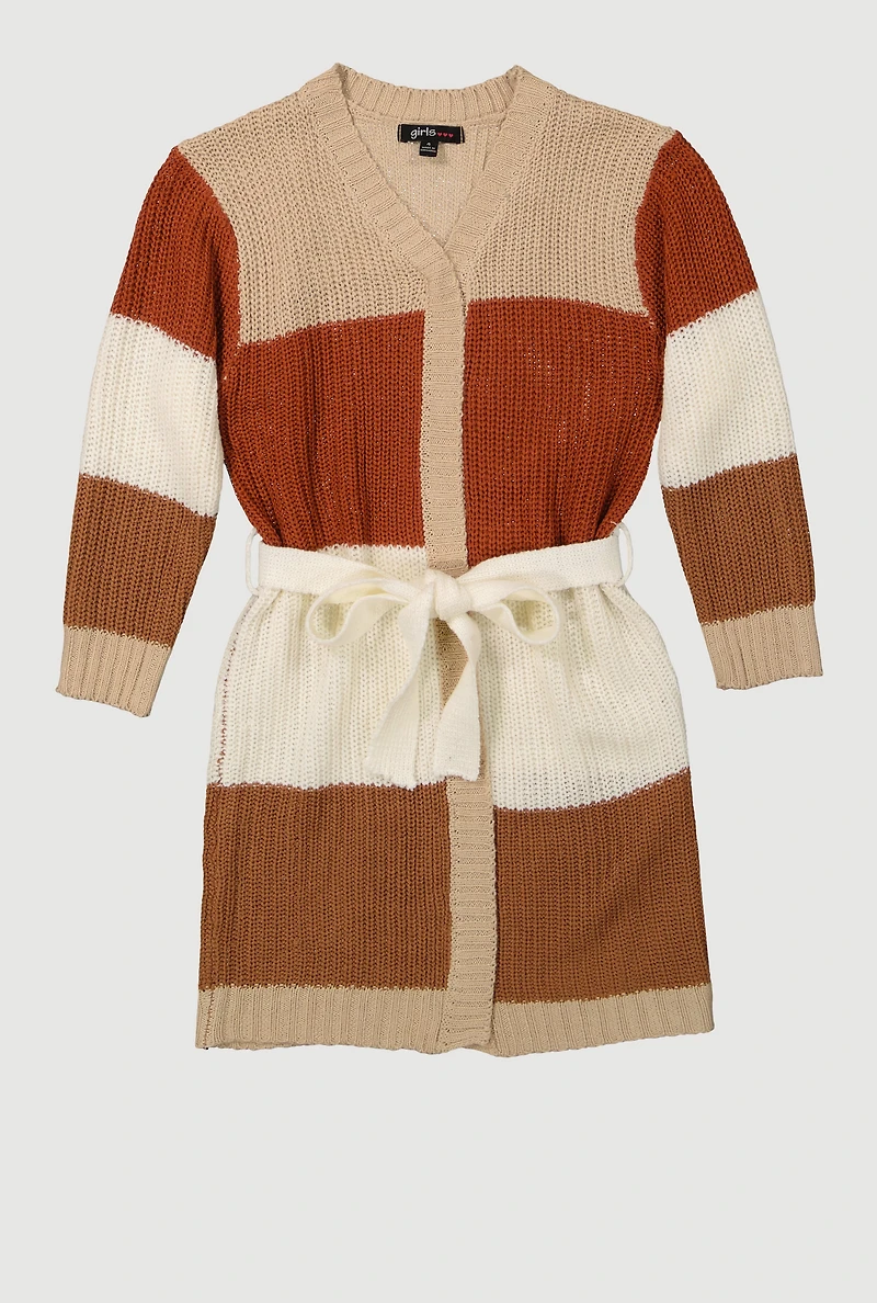 Little Girls Color Blocked Tie Waist Belted Long Cardigan, Multi,