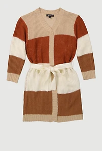 Little Girls Color Blocked Tie Waist Belted Long Cardigan