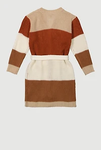 Little Girls Color Blocked Tie Waist Belted Long Cardigan, Multi,