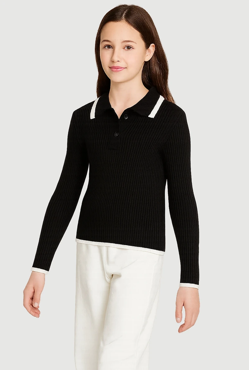 Girls Ribbed Knit Polo Collar Sweater with Contrast Trim,