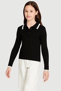 Girls Ribbed Knit Polo Collar Sweater with Contrast Trim,