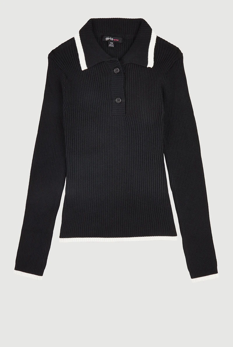 Girls Ribbed Knit Polo Collar Sweater with Contrast Trim,