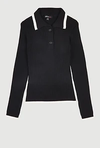 Girls Ribbed Knit Polo Collar Sweater with Contrast Trim,