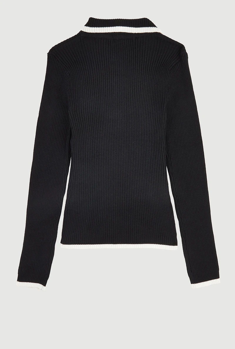 Girls Ribbed Knit Polo Collar Sweater with Contrast Trim,