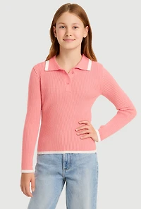 Girls Ribbed Knit Polo Collar Sweater with Contrast Trim, Pink,