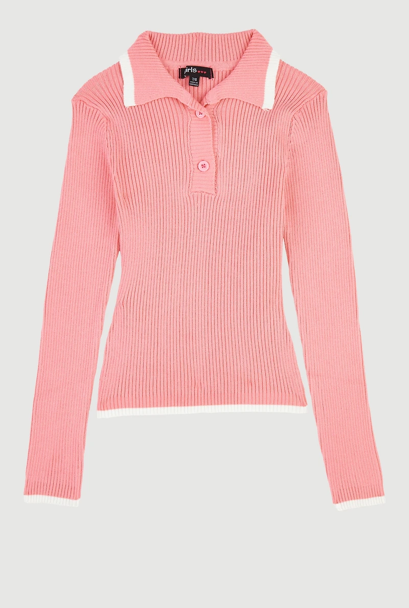 Girls Ribbed Knit Polo Collar Sweater with Contrast Trim, Pink,