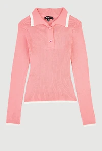 Girls Ribbed Knit Polo Collar Sweater with Contrast Trim, Pink,