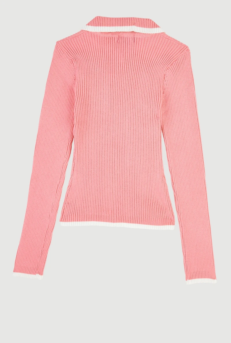 Girls Ribbed Knit Polo Collar Sweater with Contrast Trim, Pink,