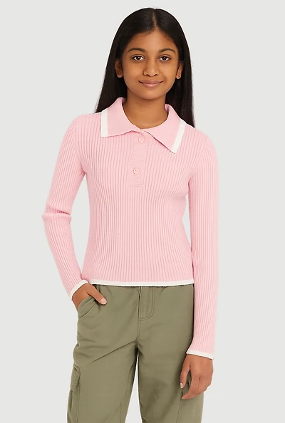 Girls Ribbed Knit Polo Collar Sweater with Contrast Trim, Pink,
