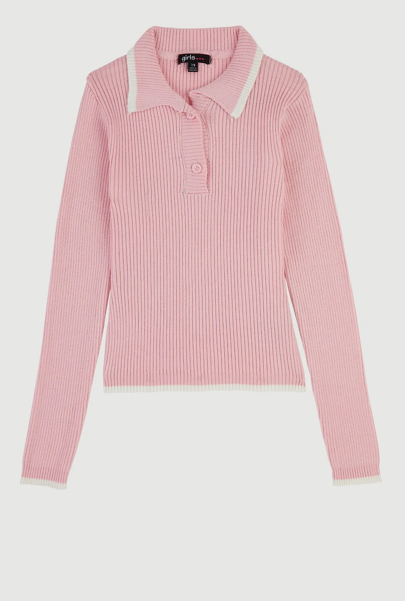 Girls Ribbed Knit Polo Collar Sweater with Contrast Trim, Pink,
