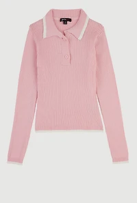 Girls Ribbed Knit Polo Collar Sweater with Contrast Trim, Pink,
