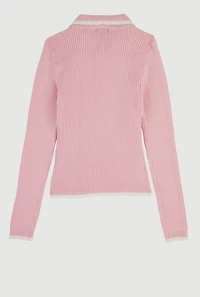 Girls Ribbed Knit Polo Collar Sweater with Contrast Trim, Pink,
