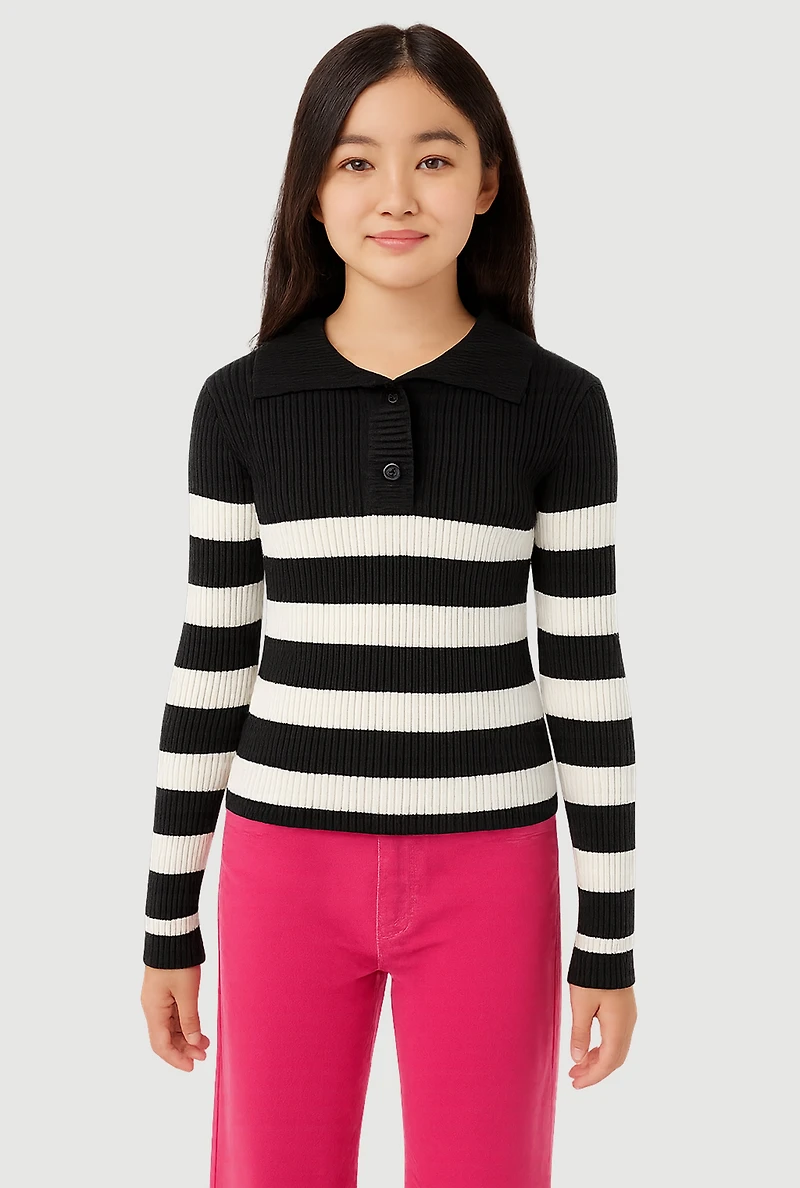 Girls Rib Knit Striped Collared Pullover Sweater