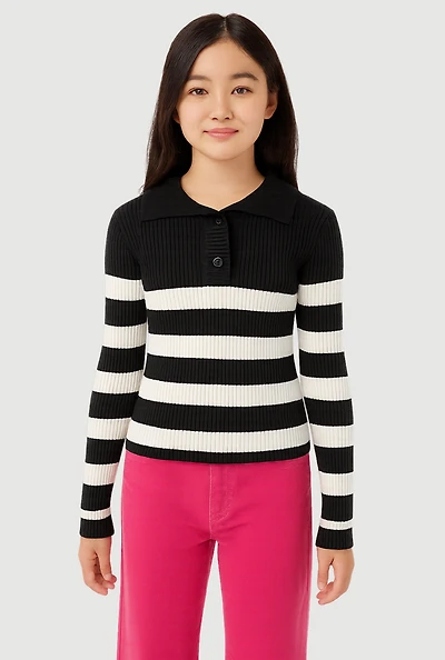 Girls Rib Knit Striped Collared Pullover Sweater